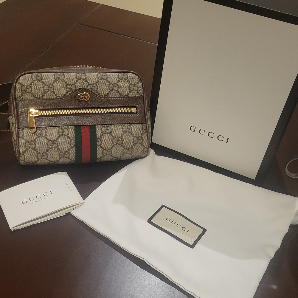 AUTH GUCCI GG LOGO OPHIDIA CANVAS LEATHER BELT BAG CHEST 85/34